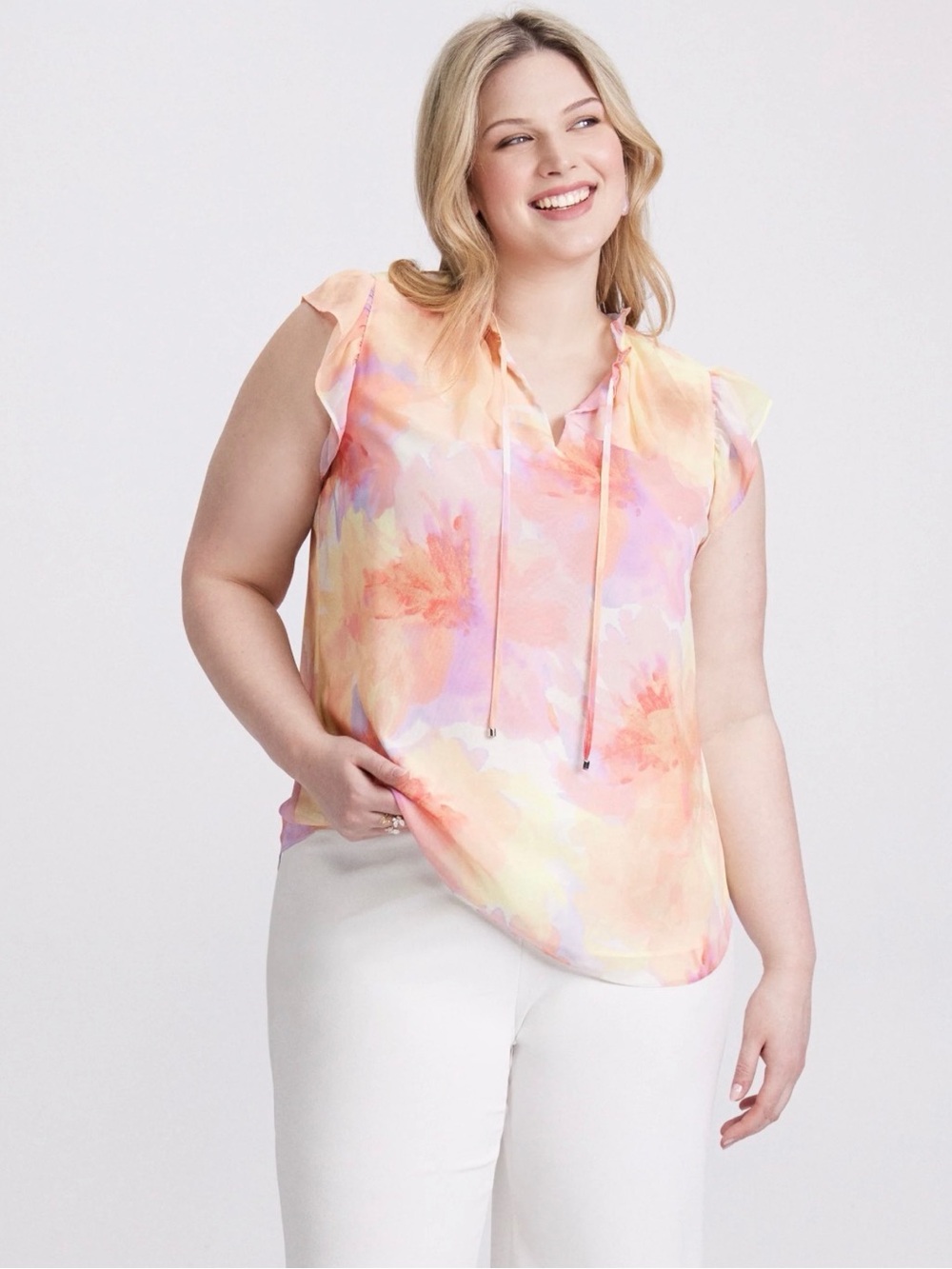 Frilled Floral Print Split Neck Blouse - Size 16